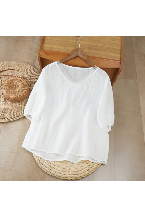 Casual Tops for Women Relaxed Fit Cotton Linen Tops Vacation Tops Y2K Casual Breathable Blouse Button Down Shirt Soft Cotton Top Loose Fit Cotton Linen Top for Women Breathable Summer
