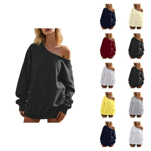Casual Tops for Women Solid Color Sweatshirt Women's Off Shoulder Sweatshirt Casual Long Sleeve Pullover Tops For Daily Wear Comfortable Soft Stretchy Pure Color Loose Fit Spring Fall Winter Fashion