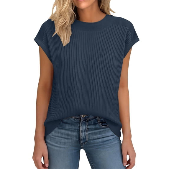 Casual Tops for Women, Tops for Women, Crew Neck T Shirts for Women, Summer Tops, Womens Summer Cropped Sweater Vest Trendy Cap Sleeve Crop Tops Crew Neck Loose Knit Tank Top, Dark Blue L