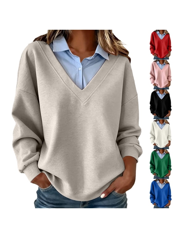 Casual Tops for Women, YABCSAZ Women's Sweatshirt 2-in-1 Layered Fake Collar V-Neck Long Sleeve Loose Fit Casual Pullover Oversized Solid Color Collared Top, Green