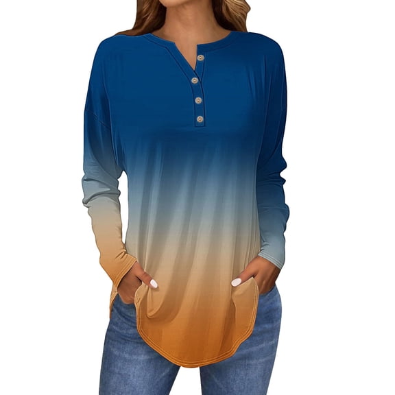 Casual Tops for Women, Yigetop Womens Long Sleeve Tops Crew Neck Henley Tops Loose Fit Tunic Button Blouses 3/4 Length Sleeve Womens Tops, Dark Blue, XL