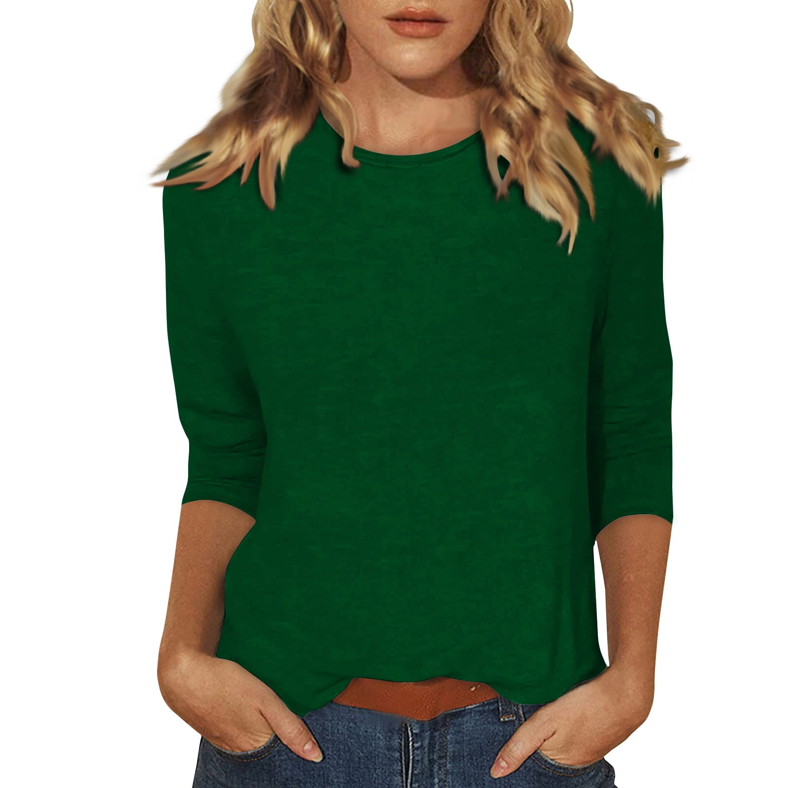 Casual Tops for Women 2025 Solid Color Basic Tees 3/4 Length Sleeve T