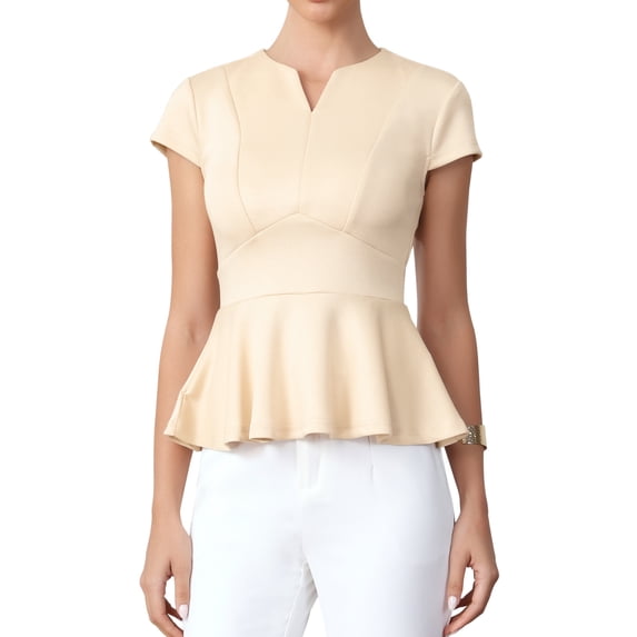 Casual Tops for Women Cap Sleeve V Neck Ruffled Hem Business Blouse XS Apricot