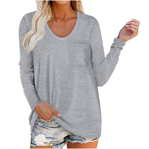 Casual Tops for Women Crewneck Solid Color Long Sleeve Fall T-shirt Loose Fit Comfy Basic Blouse with Pockets