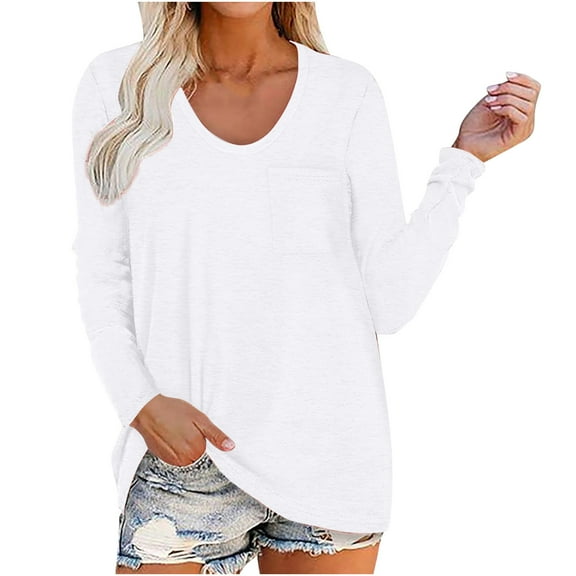 Casual Tops for Women Crewneck Solid Color Long Sleeve Fall T-shirt Loose Fit Comfy Basic Blouse with Pockets
