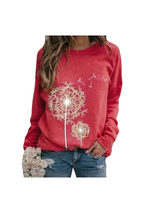 Casual Tops for Women Fashion Dandelions O-Neck Print Long Sleeve Sweat Womens Undershirts,Watermelon Red,L
