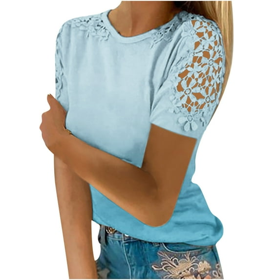 Casual Tops for Women Floral Lace Hollow Out Fashion Tshirts Crewneck Blouses Short Sleeve Summer Boho Shirts Tunics
