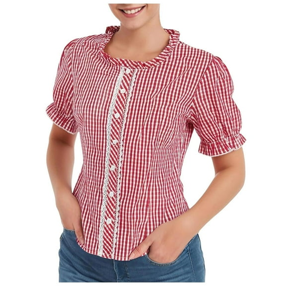 Casual Tops for Women Plaid Print Basic Square Neck Short Sleeve Button Blouses Relaxed Fit Vacation Fashion Summer T-Shirt