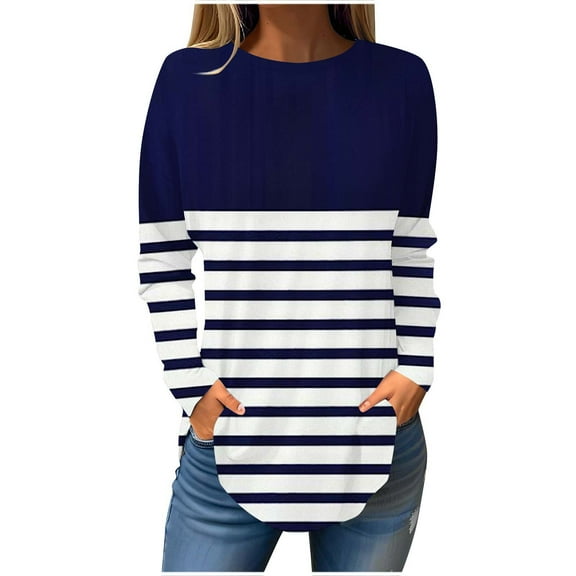Casual Tops for Women Plus Size Trendy Long Sleeve Crew Neck Striped Printed Pullover Shirts Fall Loose Fitting Tunics Blouse,Navy,S