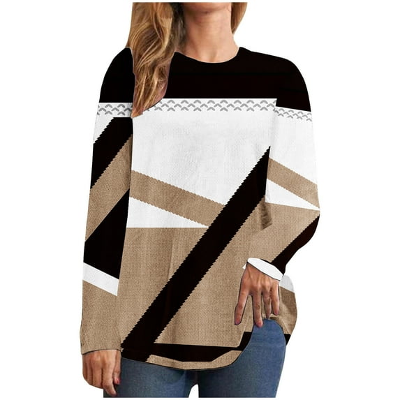 Casual Tops for Women Round Neck Color Block Striped Long Sleeve Basic T Shirts Spring Fall Fashion Workout Pullover(Khaki,XXL)
