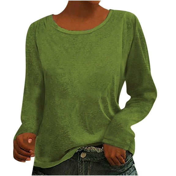 Casual Tops for Women Round Neck Long Sleeve Fall T Shirt Solid Color Loose Fit Comfy Basic Pullover Blouses Tee