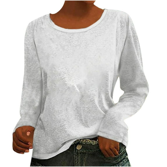 Casual Tops for Women Round Neck Long Sleeve Fall T Shirt Solid Color Loose Fit Comfy Basic Pullover Blouses Tee