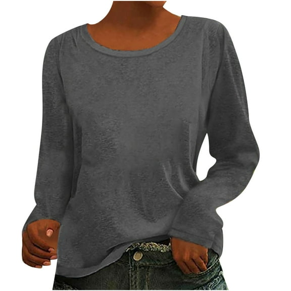 Casual Tops for Women Round Neck Long Sleeve Fall T Shirt Solid Color Loose Fit Comfy Basic Pullover Blouses Tee