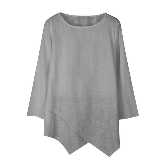 Casual Tops for Women Round Neck Long Sleeve Plus Size Blouse Asymmetrical Hem Solid Color Comfy Fall Tee Shirts