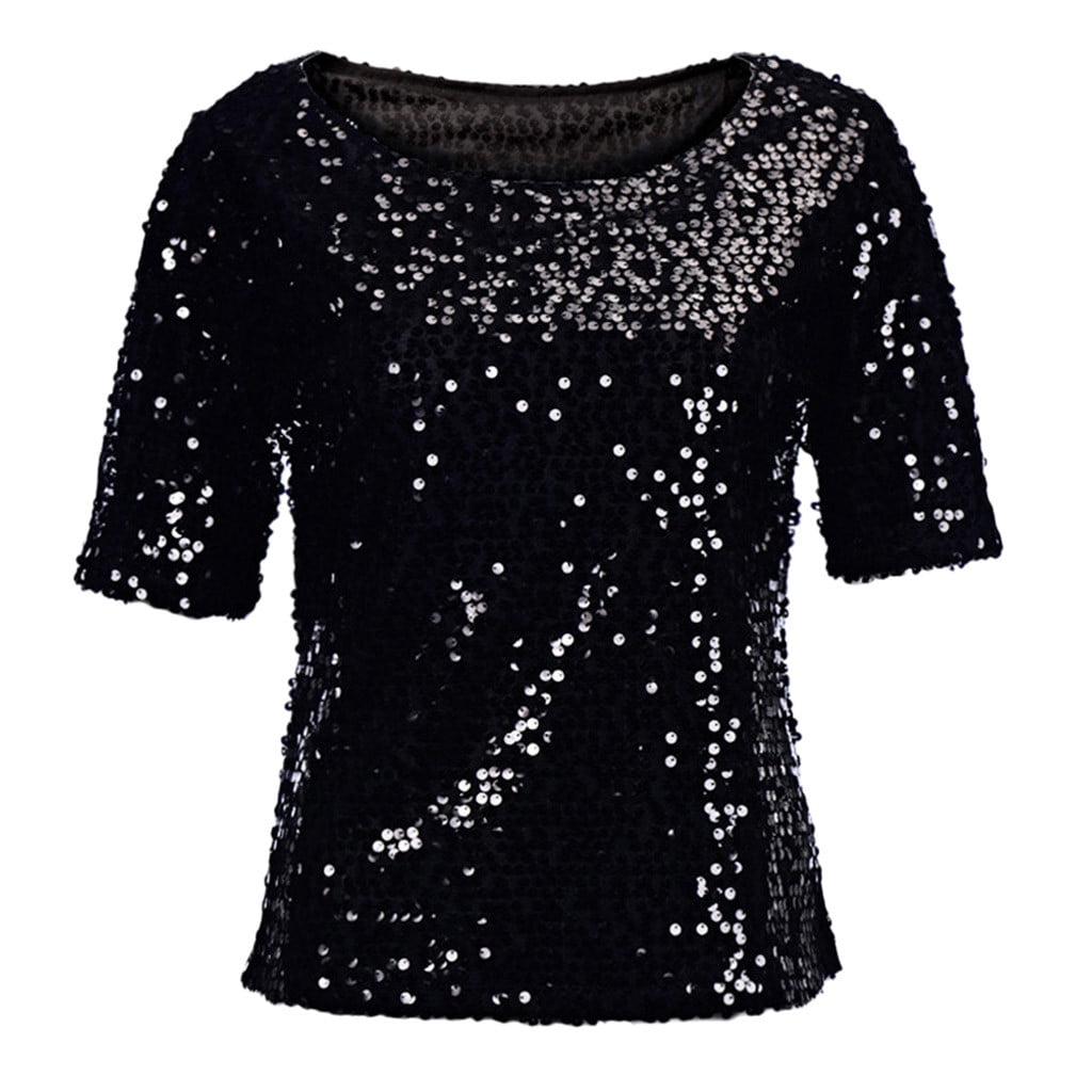 Casual Tops for Women Short Sleeve Fashion Sequins Sparkle Coctail ...
