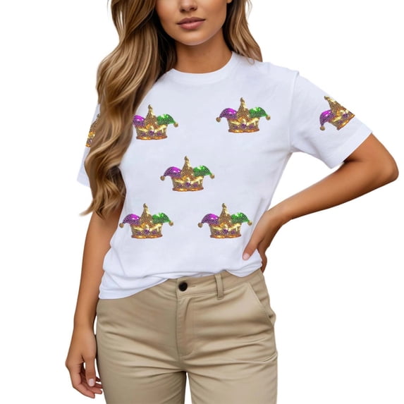 Casual Tops for Women Short Sleeve Sequinprinted Basic Graphic School ...