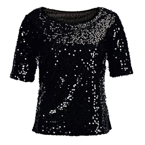 Casual Tops for Women Short Sleeve Summer Fashion Sequins Sparkle Coctail Party Blouse Crop Shirt T Shirts Basic Tee Tops