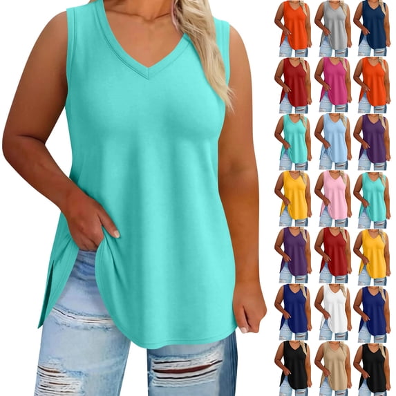 Casual Tops for Women V Neck Sleeveless Tank Tops Side Split Loose Solid Color Casual Summer Flowy Vest Shirts 2XL