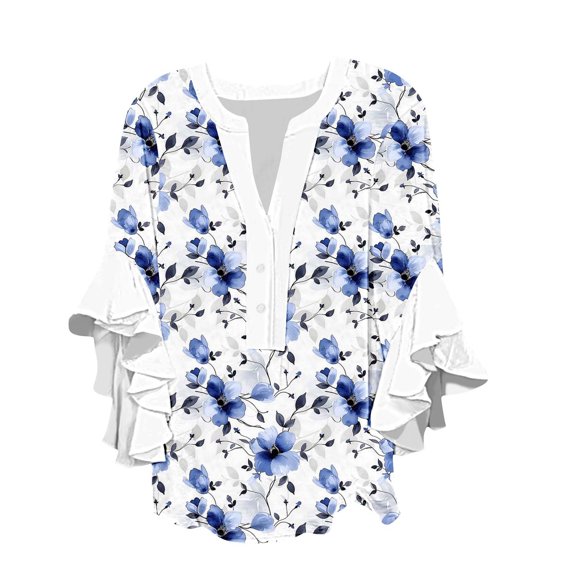 Casual Tops for Women, Womens Casual V-Neck T Shirts Loose Summer Floral Ruffle 3/4 Length Sleeve Tops Soft Button-up Tunic Blouses, MR-29, S