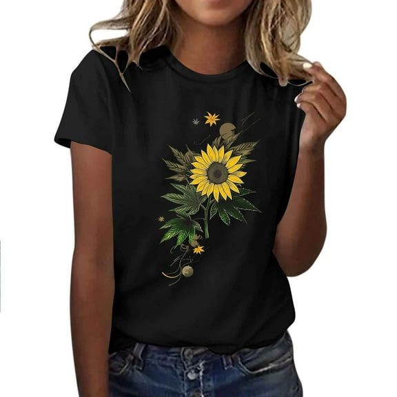 Casual Tops for Women, Womens Cute Sunflower Printed Graphic Tees Shirts Vintage Crew Neck Short Sleeve Polyester Summer Tops New, 16-Black, M