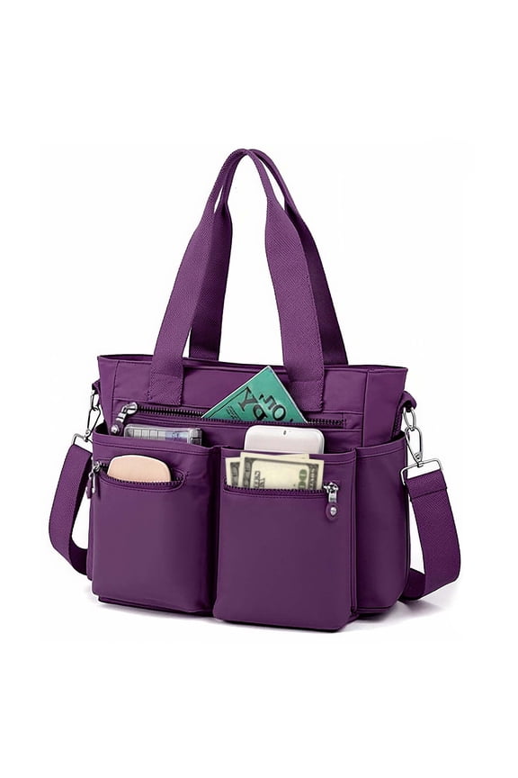 Casual Tote Bags with Multiple Pockets, Nylon Large Capacity Crossbody Tote Bag, Working Bag for Ladies (Dark Purple)