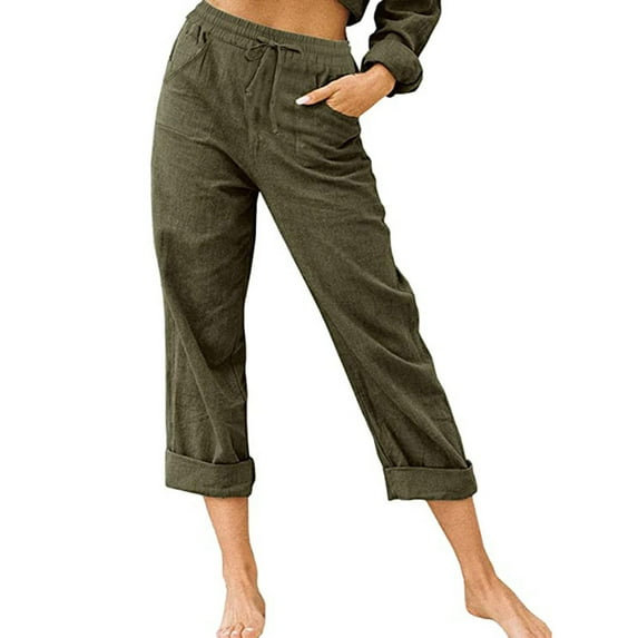 Casual Trousers for Women Straight Leg Half Elasticated Waist Button Pull On Trousers Ladies Solid Colour Lounge Pants with Pockets Loose Fit Summmer Pants for Work Travel Going Out