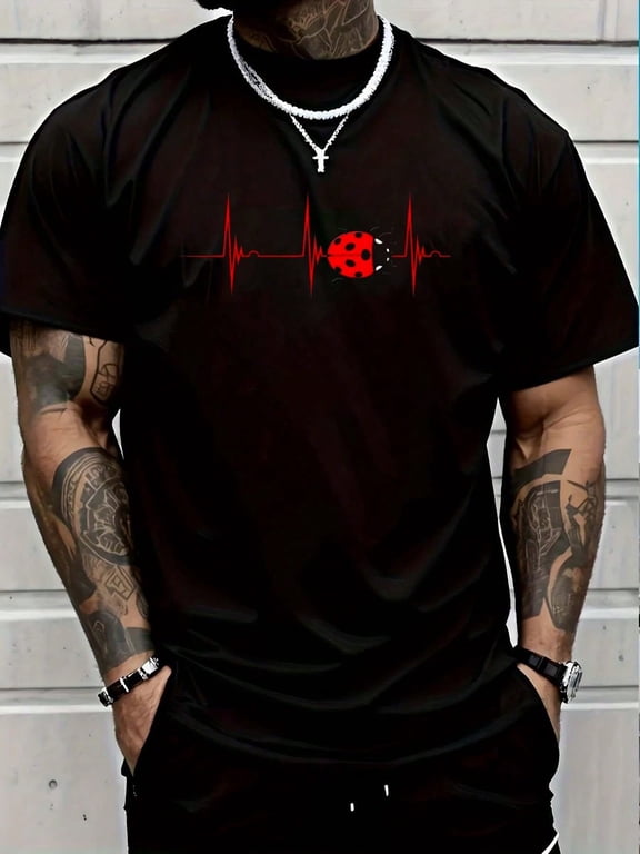 Casual Tshirt Ladybug Heartbeat EKG Pulse Insects Bugs Entomology Men's Cotton Crew Neck Graphic Tee Casual Short Sleeve Solid T-Shirt