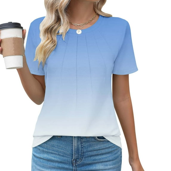 Casual Tshirts Women Trendy Summer Gradient Color Block Short Sleeve Tee Shirts Pleated Crewneck Cute Tunic Tops (2XL, Light Blue)