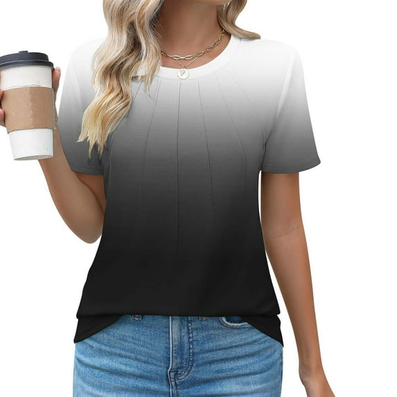 Casual Tshirts Women Trendy Summer Gradient Color Block Short Sleeve Tee Shirts Pleated Crewneck Cute Tunic Tops (M, Black)