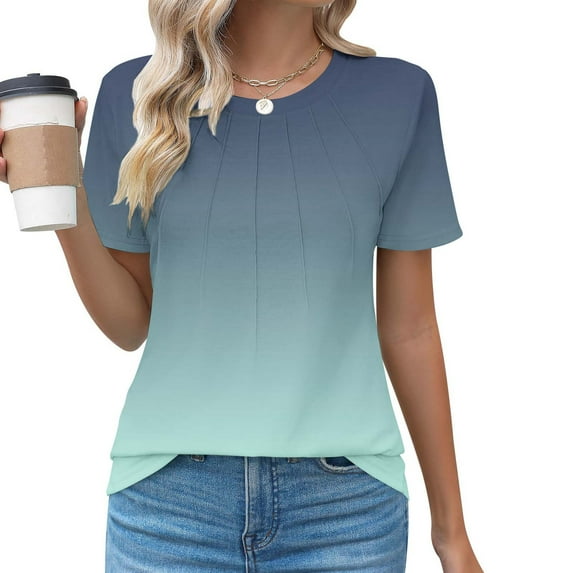 Casual Tshirts Women Trendy Summer Gradient Color Block Short Sleeve Tee Shirts Pleated Crewneck Cute Tunic Tops (S, Green)