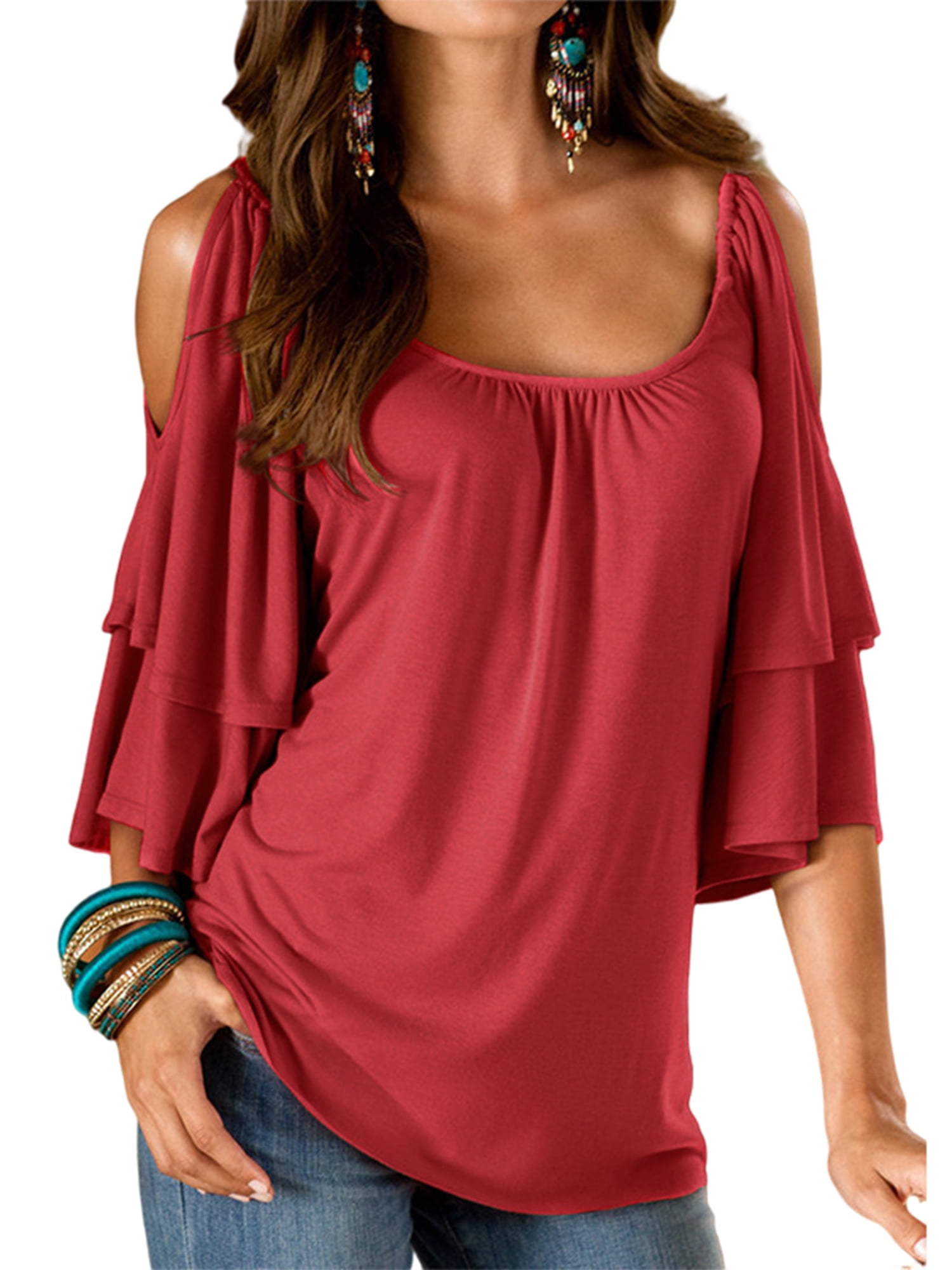 Casual Tunic Blouse Tops For Women Ladies Ruffled Pleated Cold