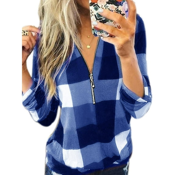 Casual Tunic Blouse Tops For Women Vintage Plaid V-Neck Long Sleeve Pullover T-Shirts Tops Ladies Baggy Winter Thin Color Block Basic Tee Tops Lounge Wear T-Shirts