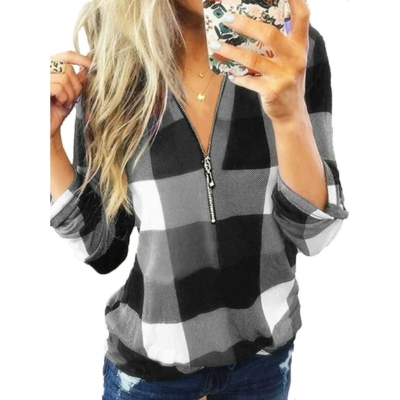 Casual Tunic Blouse Tops For Women Vintage Plaid V-Neck Long Sleeve Pullover T-Shirts Tops Ladies Baggy Winter Thin Color Block Basic Tee Tops Lounge Wear T-Shirts