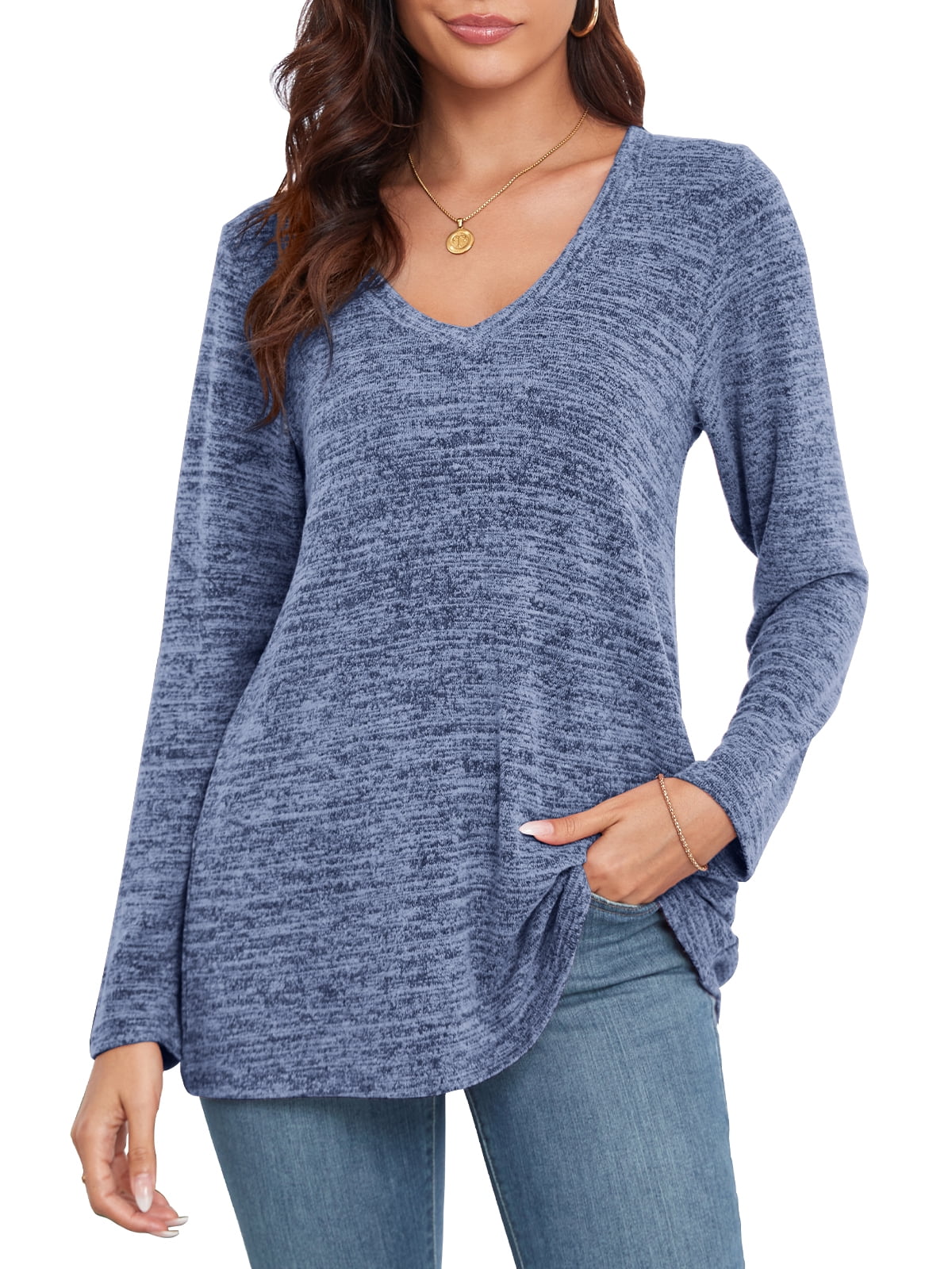 Casual Tunic Tops for women, CRAYNER Casual Loose Fit V-Neck T Shirt with Pocket Long Sleeve Fall Winter Blouses, L