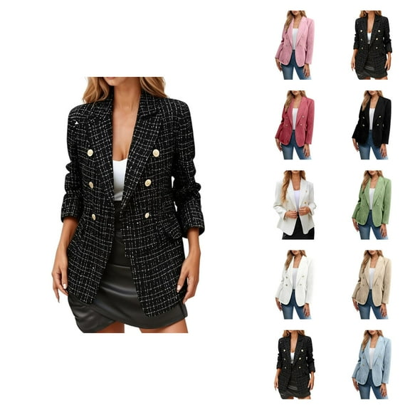 Casual Tweed Blazers for Women 2025 Long Sleeve Double Notch Lapel Collar Business Casual Work Office Jacket