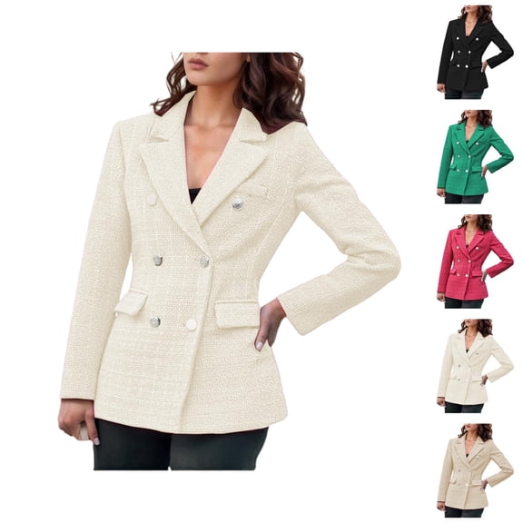 Casual Tweed Blazers for Women 2025 Long Sleeve Notch Lapel Collar Double Business Casual Work Office Jacket