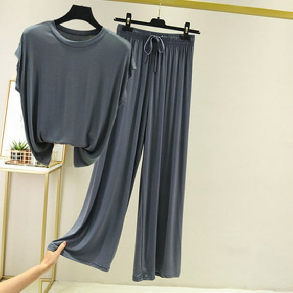 uublik Casual Two Piece Outfits for Women Casual Short Sleeve Pullover Tops and Drawstring Wide Leg Pants Lounge Sets Dark Gray, M