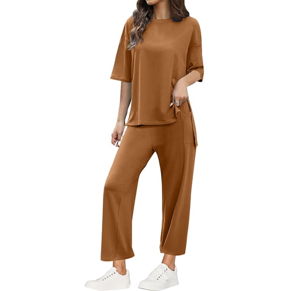 Casual Two Piece Set for Women Half Sleeve Shirt with Ankle Pants Solid Color Fashion 2025 Summer Lounge Outfits