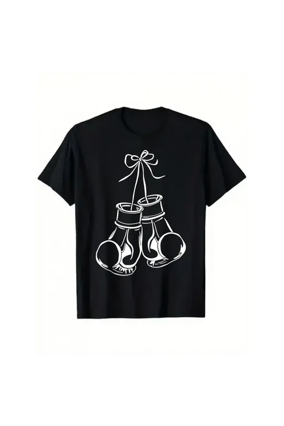 Casual Unisex Graphic Tee, Black Boxing Gloves Print, Breathable Stretch Fabric