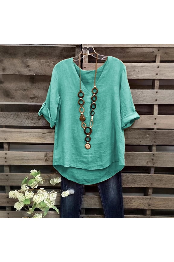 Casual V-Neck Blouse - Soft Mid-Length Sleeve Shirt, Loose Fit for Everyday Comfort, Great for Work & Weekend Turquoise XL