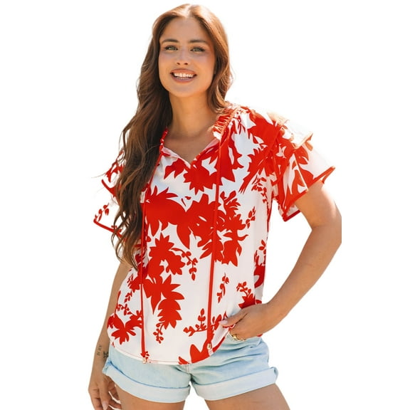 Casual V Neck Blouse for Spring and Summer - Eye-Catching Red Floral Design - [ZhiHiMeRi] | (US 4-6)S