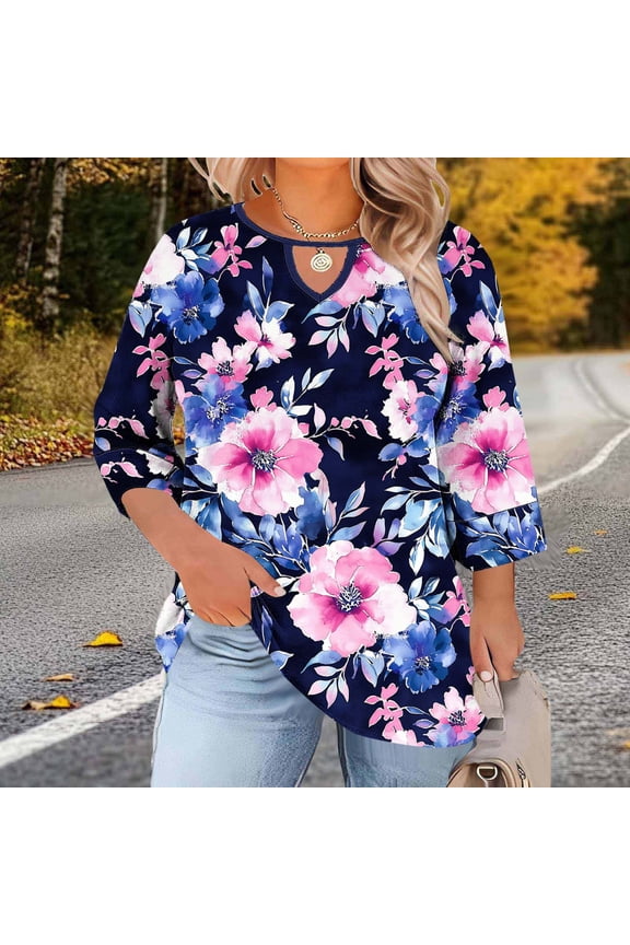 Casual V Neck Blouse for Women Floral Leaf Graphic 3/4 Sleeve Side Slit Relaxed Fit Flowy Tunic Top for Daily Wear