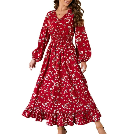 Casual V Neck Boho Floral Print Wedding Guest Maxi Dresses for Women Bohemian Flowy Maxi Dress
