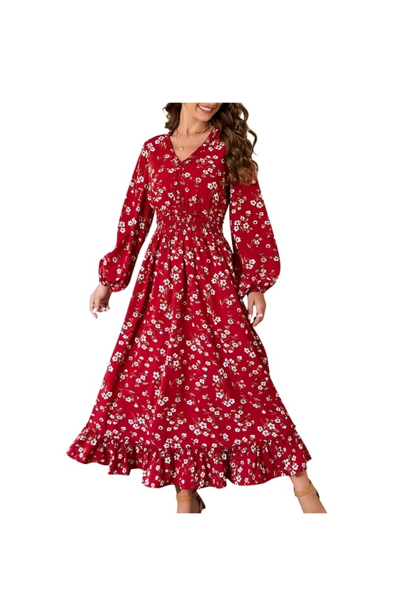 Casual V Neck Boho Floral Print Wedding Guest Maxi Dresses for Women Bohemian Flowy Maxi Dress
