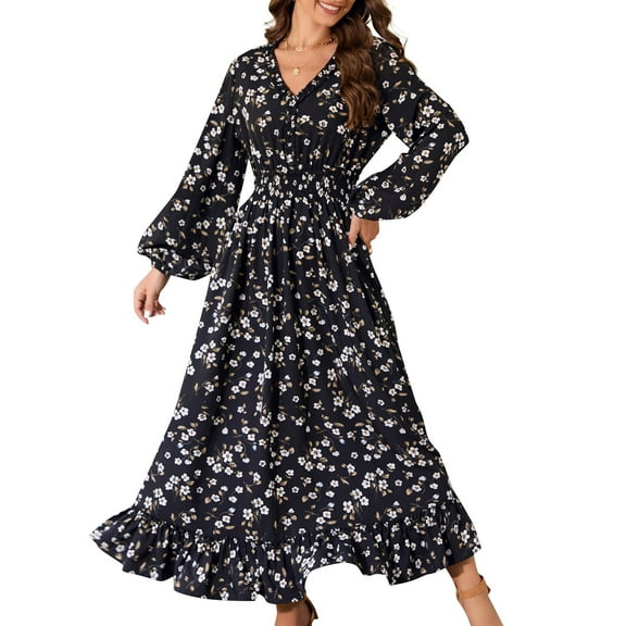 Casual V Neck Boho Floral Print Wedding Guest Maxi Dresses for Women Bohemian Flowy Maxi Dress