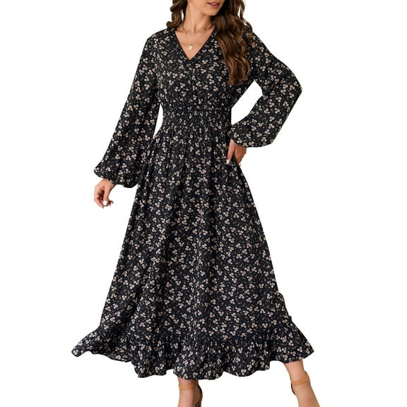 Casual V Neck Boho Floral Print Wedding Guest Maxi Dresses for Women Bohemian Flowy Maxi Dress