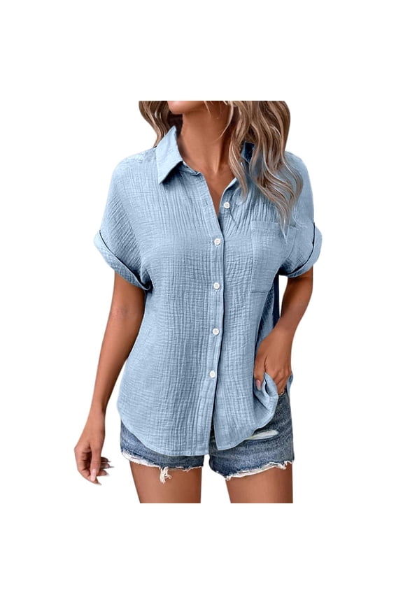 Casual V Neck Button Down Shirts For Women Solid Short Sleeve Blouse Crepe Tops Light Blue L