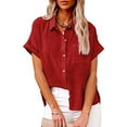 thumbnail image 1 of Casual V Neck Button Down Shirts for Women Solid Short Sleeve Blouse Tops, 1 of 8