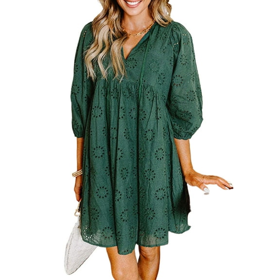 Casual V Neck Floral Mini Dress - High Waist H-Line Silhouette in Blackish Green | M