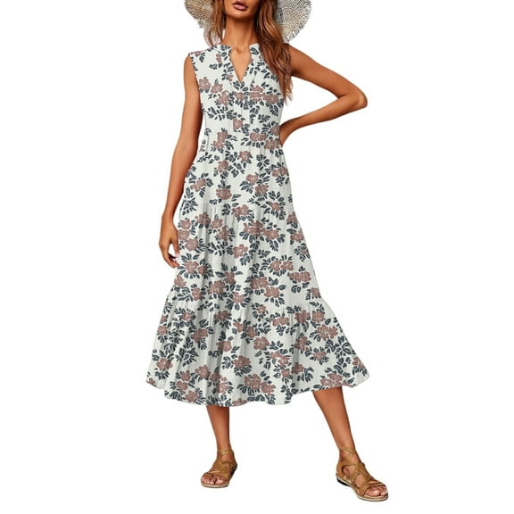Casual V-Neck Floral Print Sleeveless Midi Dress Women's Summer Boho Dress Lightweight Rayon Blend with Side Slits for Beach Vacation,Light Gray L